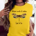 T-shirt décontracté jaune à manches courtes pour femmes avec graphique libellule et imprimé. - Jaune
