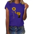 Dames casual paars korte mouw t-shirt met schattige olifant en zonnebloem print. - S / Tops / Paars