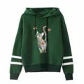 Dark green hoodie featuring double white sleeve stripes and a colorful abstract cat print. - S / Tops / Green