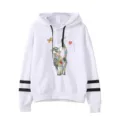 Detailed view of the white hoodie featuring a colorful artistic cat print and striped sleeves. - S / Tops / White