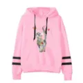 Pink hooded sweatshirt with cute cat graphic print and casual black striped sleeves. - S / Tops / Pink