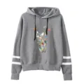 Grey hooded sweatshirt with double stripe sleeves and colorful geometric cat print detail. - S / Tops / Gray