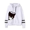 Felpa con cappuccio bianca casual con gatto nero che indossa una maschera. Morbida e confortevole. - Taglia S / Top / Bianco