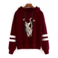 Burgundy pullover hoodie with geometric cat graphic and double sleeve stripes for winter. - Burgundy