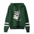 Green hoodie for women men casual long sleeve pullover streetwear with cute cat graphic and stripes. - S / Tops / Green