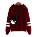Felpa con Cappuccio Uomo Donna Doppia Striscia Gatto Stampa Manica Lunga Top Casual - Borgogna