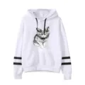 Detailed view of white hoodie with black sleeve stripes and grumpy cat graphic chest print. - S / Tops / White