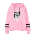 Pink casual hooded sweatshirt with black stripe sleeves and cute cat graphic design for daily wear. - S / Tops / Pink