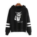 Casual black hooded sweatshirt featuring a grumpy cat graphic and double stripe sleeves daily wear. - Black