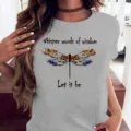T-shirt gris imprimé libellule, haut à manches courtes et col rond pour femme. - S / Hauts / Gris