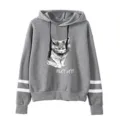 Detailed view of grey hoodie featuring cat graphic and stripes detail on sleeves texture - S / Tops / Gray