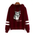 Women Men Hooded Sweatshirt Cute Cat Print Double Stripe Long Sleeve Casual Pullover Top - Burgundy
