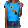 Dames blauw korte mouw t-shirt met leuke zonnebloem en olifant grafische print casual top - Koningsblauw