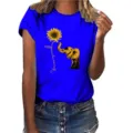 Dames koningsblauw korte mouw T-shirt met olifant zonnebloem grafische print casual top - Saffierblauw