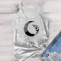 Grey modal round neck sleeveless tank top for women with cute moon and butterfly print. - S / Tops / Gray Pattern