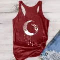 Women's modal round neck sleeveless tank top featuring a white moon butterfly print detail. - Wine Red Pattern