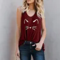Women's modal round neck sleeveless tank top with cute cat print, casual breathable summer shirt. - S / Tops / Burgundy