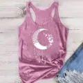 Casual modal round neck sleeveless tank top featuring moon and butterfly print, apparel detail view. - S / Tops / Pink Pattern