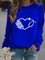 Damen Langarm Rundhals Pullover Herz Stethoskop Blumen Druck Freizeit Sweatshirt Royalblau - Blau