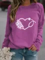 Damen Langarm Rundhals Sweatshirt Freizeit Pullover Oberteil mit medizinischem Blumen Herz Print - Lila