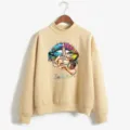 Women casual apricot turtleneck long sleeve fleece sweatshirt with colorful graphic print - Apricot