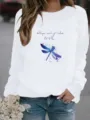 2024 Women Long Sleeve Crewneck Sweatshirt Casual Animal Dragonfly Print Pullover Top - S / Tops / White