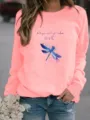 Women casual long sleeve crewneck sweatshirt with dragonfly graphic print and text top. - Pink