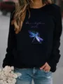 Women's Casual Crewneck Sweatshirt with Watercolor Dragonfly Print Long Sleeve Black Top - S / Tops / Black