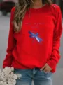 Women's Red Crewneck Sweatshirt Long Sleeve Blue Dragonfly Print Casual Pullover Top - S / Tops / Red