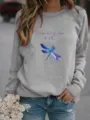 Casual grey women sweatshirt featuring a blue watercolor dragonfly print and long sleeves. - S / Tops / Gray