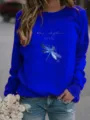 Women royal blue crewneck sweatshirt with dragonfly graphic print casual long sleeve top - Sapphire Blue
