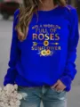 Dames koningsblauwe ronde hals lange trui met prachtige zonnebloem en rozen bloemen print. - Saffierblauw