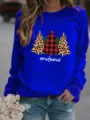 Donna Albero di Natale Stampa Leopardo Manica Lunga Felpa Girocollo Pullover Casual Top - Blu