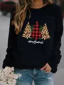 Felpa da donna con stampa di alberi di Natale leopardo e tartan elegante comodo top invernale - Nero