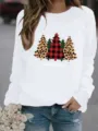 Kerst luipaard ruit boom print ronde hals lange mouw sweatshirt dames winter top - S / Tops / Wit