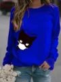 Felpa blu a maniche lunghe con scollo rotondo e stampa grafica di gatto carina per donna. - Blu