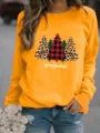Felpa girocollo con stampa leopardo albero di Natale, pullover casual a maniche lunghe. - Giallo