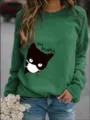 Felpa verde girocollo con stampa di gatto, pullover casual da donna a maniche lunghe. - Verde