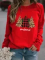 Felpa rossa da donna con girocollo e stampa alla moda di un albero di Natale. - Rosso