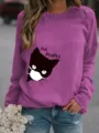 Felpa Donna Viola Girocollo Stampa Gatto Simpatico Manica Lunga Casual Top Fashion - Viola