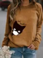 Felpa girocollo da donna con stampa grafica di gatto divertente, maglione comodo a maniche. - Taglia S / Top / Kaki