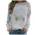 Casual women long sleeve crewneck sweatshirt with cute dandelion and butterfly print grey. - Light Gray