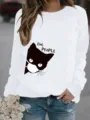 Felpa casual da donna a maniche lunghe con scollo rotondo e stampa di gatto nero. - Taglia S / Top / Bianco