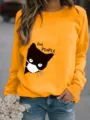 Felpa girocollo arancione vivace con grafica di gatto carino e stampa di lettere divertenti. - Taglia S / Top / Giallo