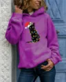 Women's long sleeve hooded sweatshirt casual pullover with cute Christmas black cat graphic print. - Purple Hooded