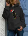 Women's long sleeve hooded sweatshirt featuring a cute Christmas black cat graphic print casual top. - S / Tops / Black Hooded
