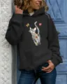 Women black long sleeve hooded sweatshirt with abstract cat graphic print casual daily wear top - S / Tops / Black