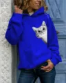 Casual royal blue long sleeve hooded sweatshirt for women featuring cute cat print graphic detail view. - Sapphire Blue