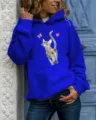 Women royal blue long sleeve hoodie with artistic cat print casual hooded sweatshirt top - Sapphire Blue