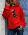 Women's Red Christmas Black Cat Print Long Sleeve Pullover Hooded Sweatshirt Detail View - Red Hooded